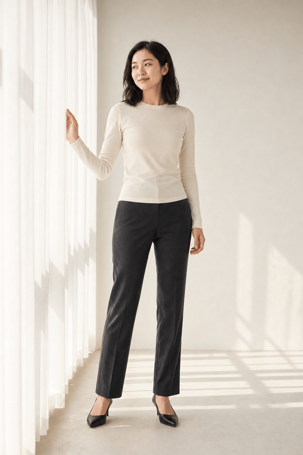 Synthetic model looking toward a studio window with a soft smile