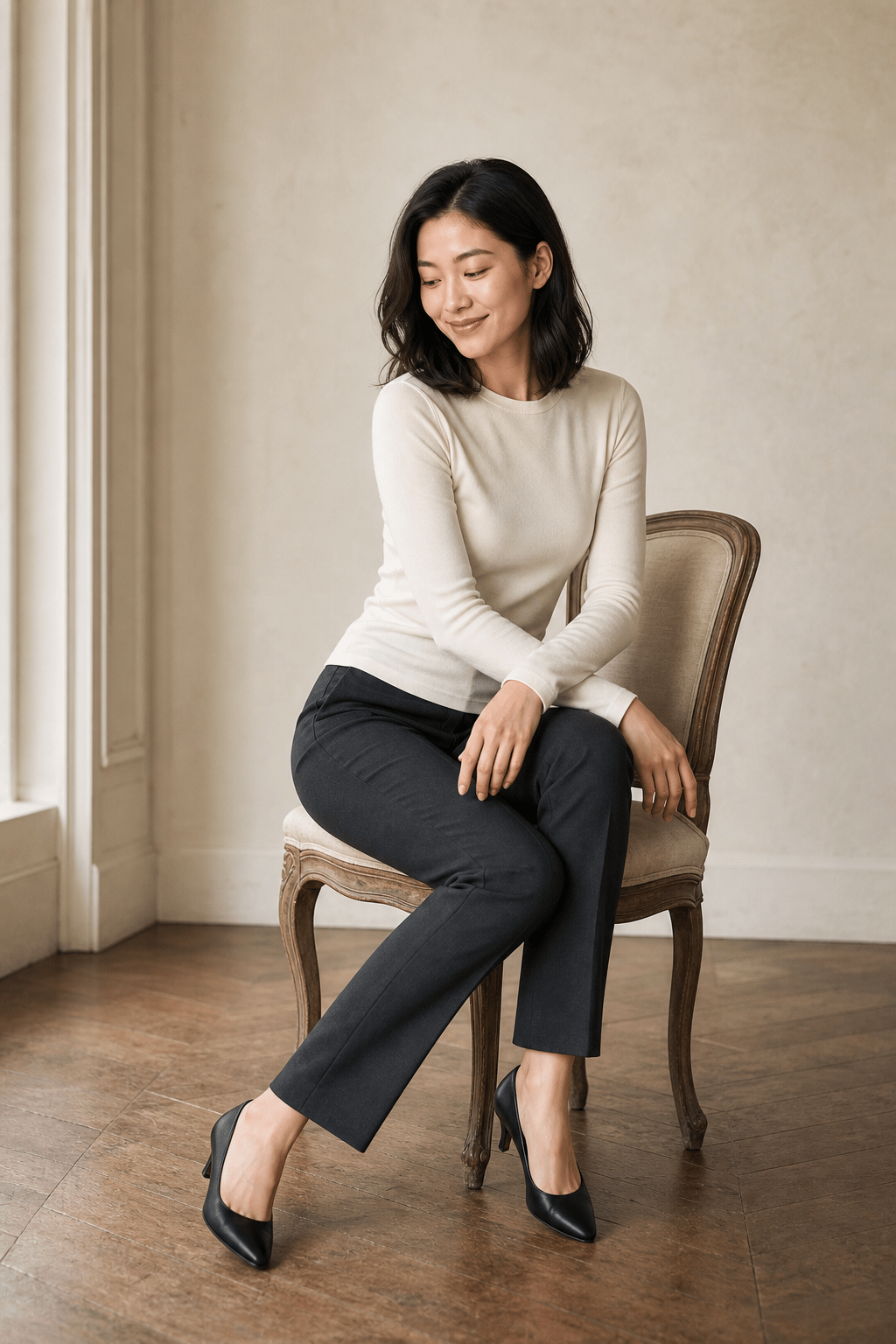 Synthetic model seated with a natural downward smile