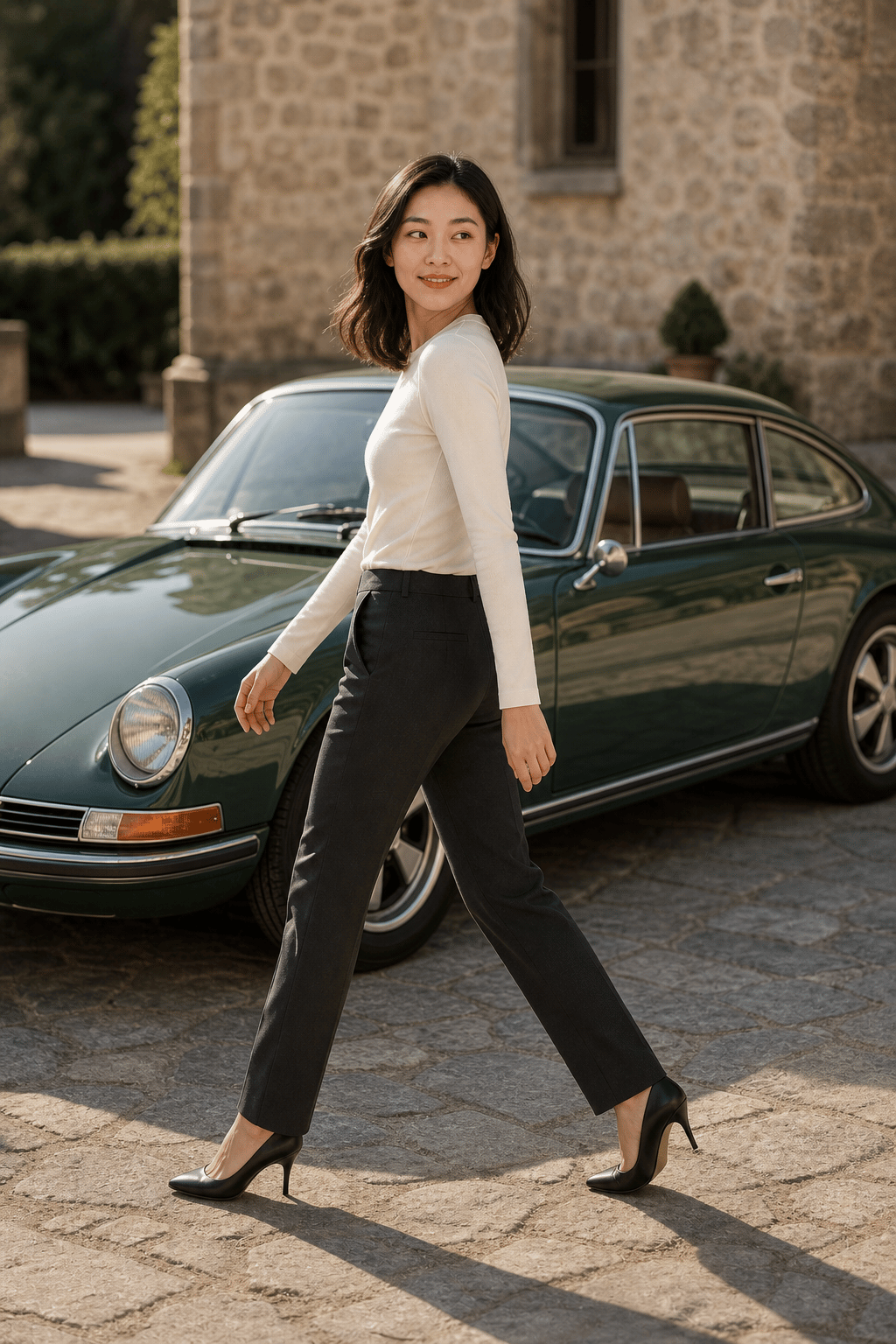 Synthetic model walking and looking back beside a classic car