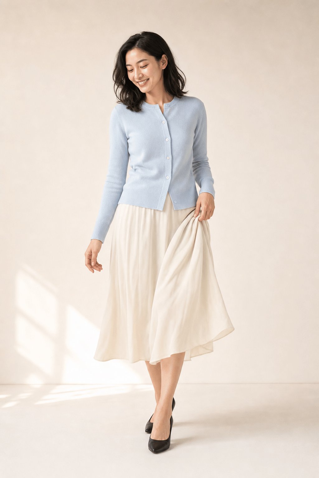 Synthetic model laughing softly in a pale-blue cardigan