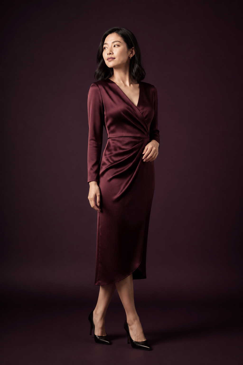 Synthetic model in profile wearing a burgundy evening dress