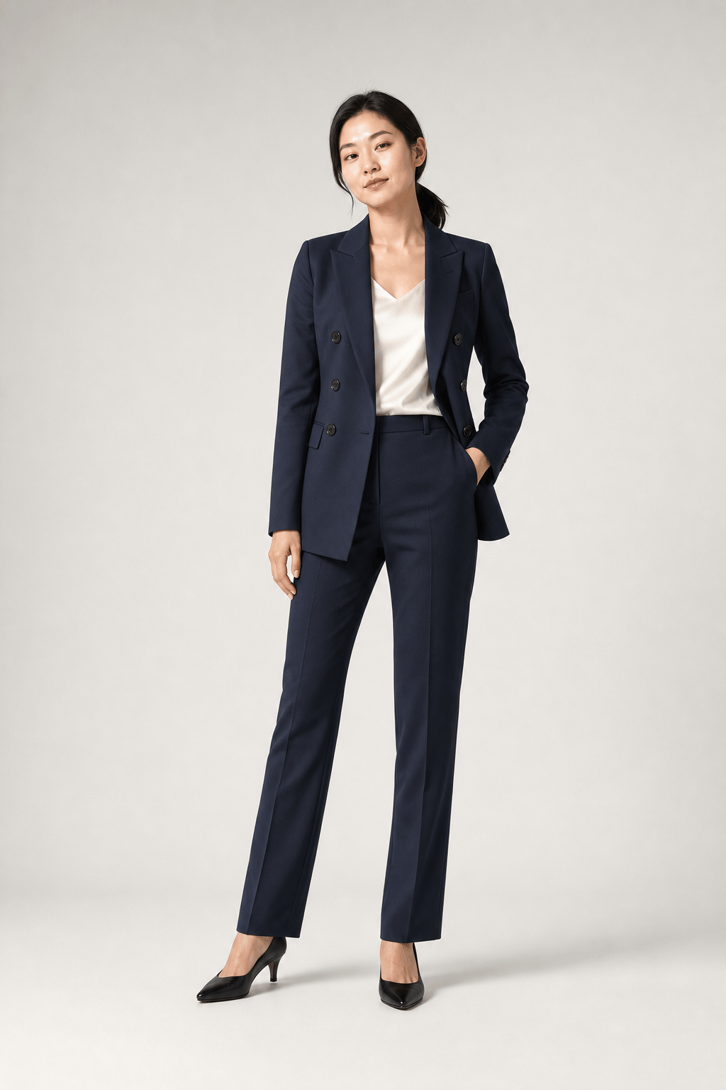 Synthetic model with a low ponytail in navy tailoring