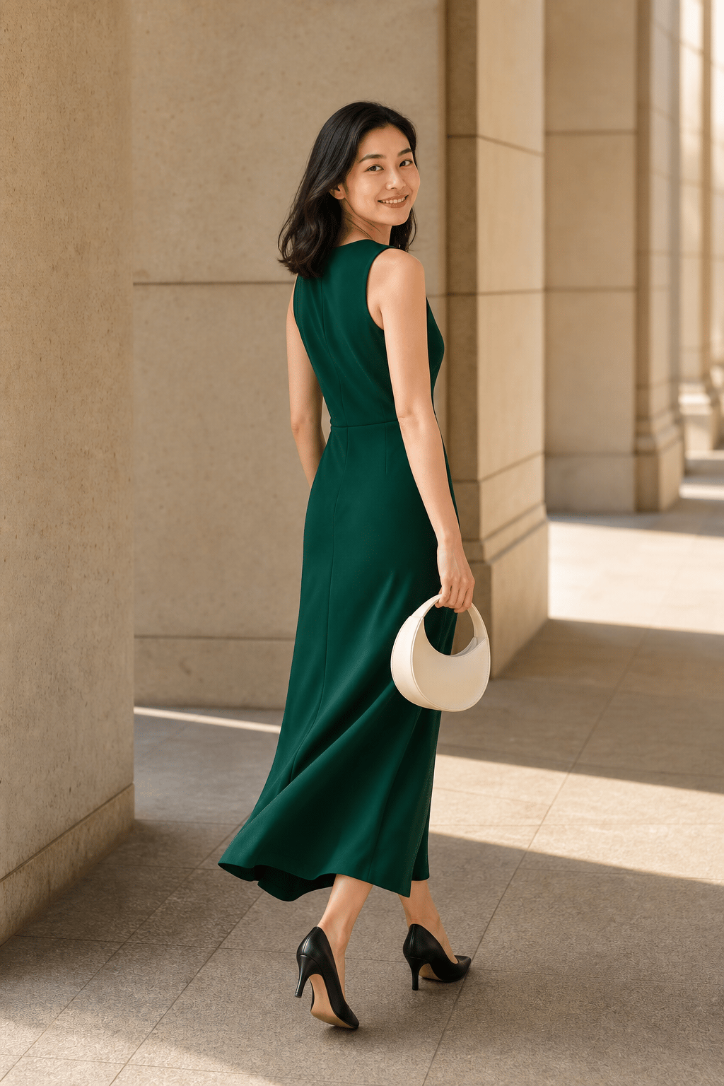Synthetic model looking back in an emerald dress with a cream bag