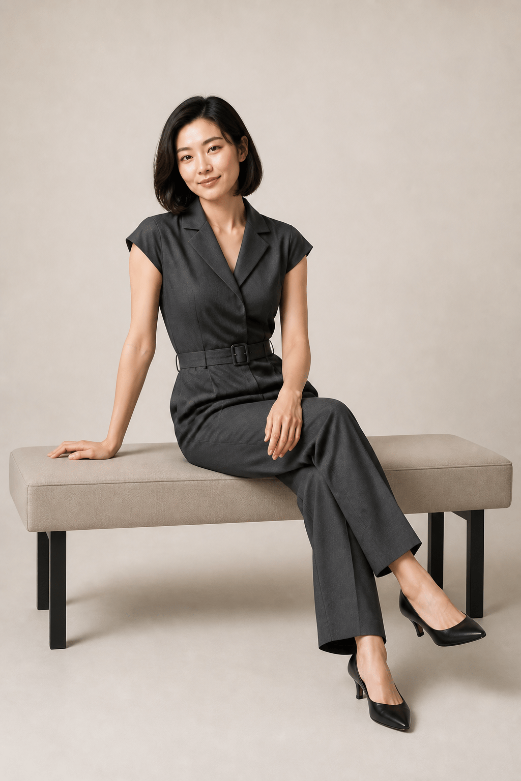 Synthetic model with a short bob seated on a studio bench