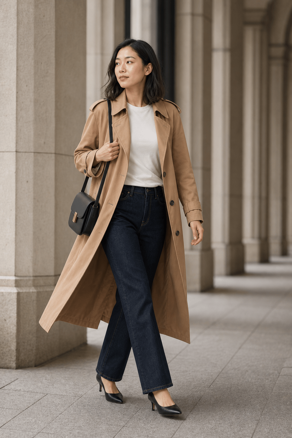 Synthetic model walking in a trench coat and dark denim
