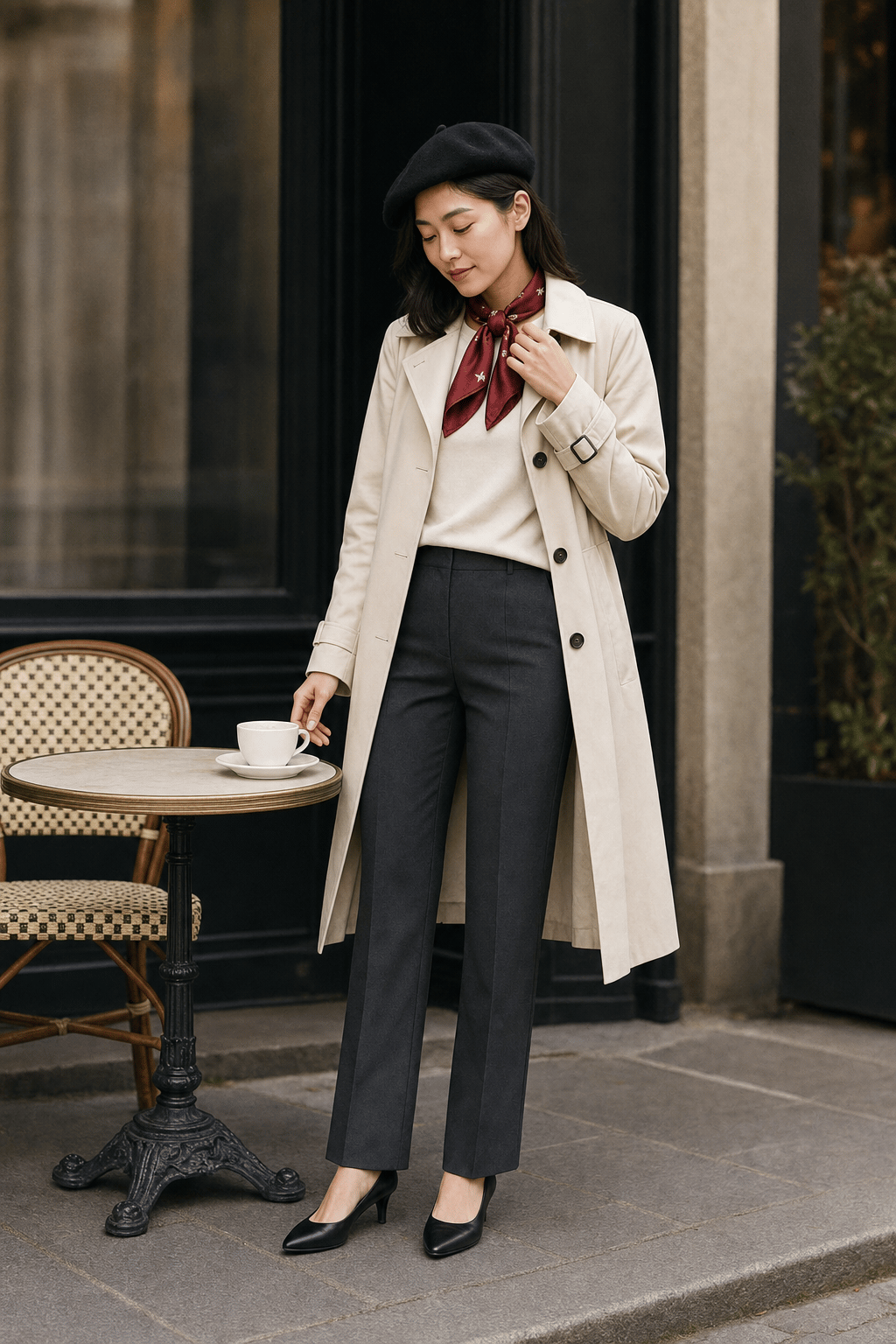 Synthetic model looking down in a beret and silk scarf